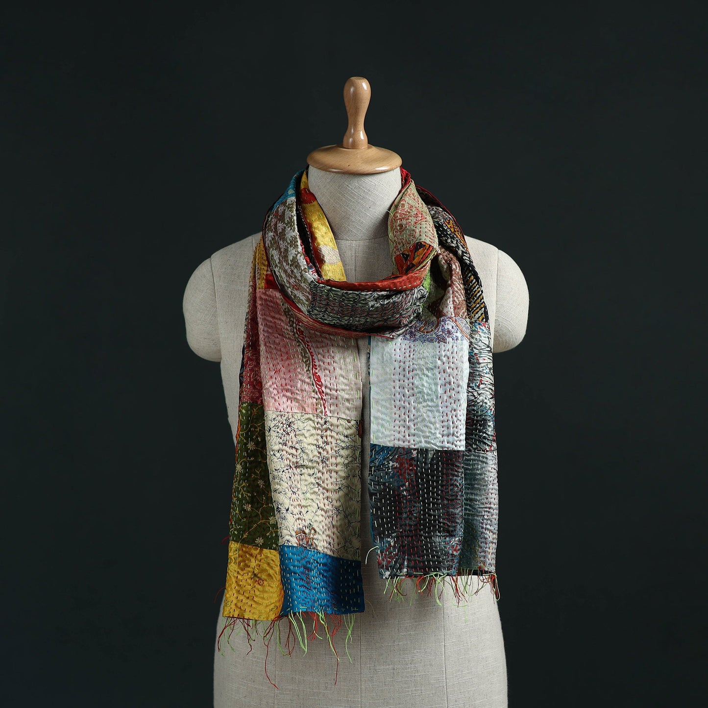 Patchwork reversible silk bengal hand kantha stitch stole