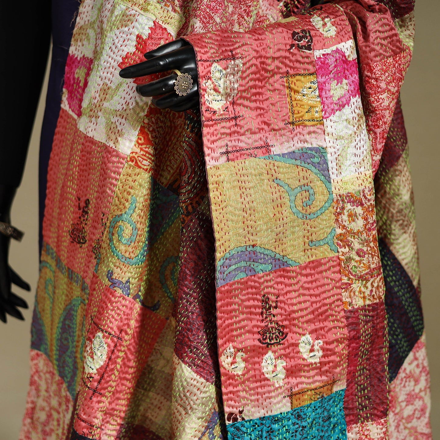 Patchwork reversible silk bengal kantha work dupatta 113