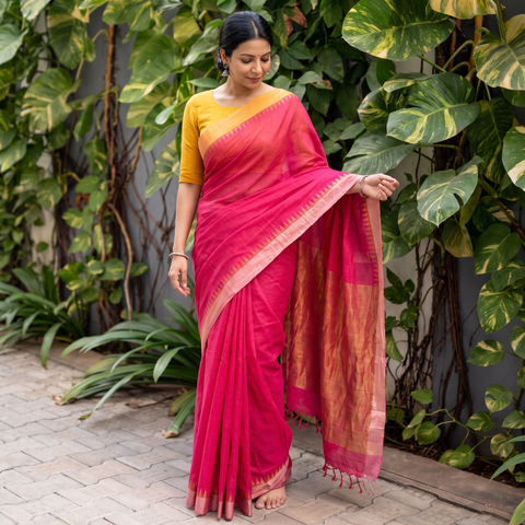Pink Patnulu Kuppadam Temple Kada Zari Pure Handspun Handloom Cotton Saree, draped and worn by a woman, AI visual of the saree, iTokri
