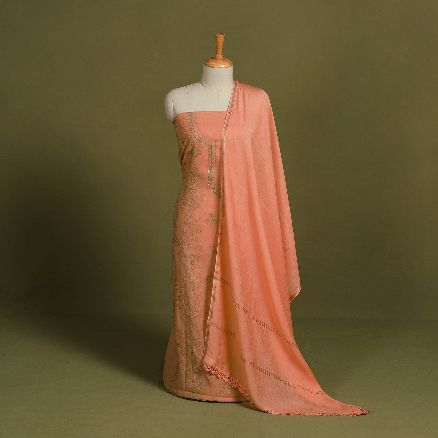 2pc Peach Hand Embroidery Chanderi Silk Chikankari Dress Material