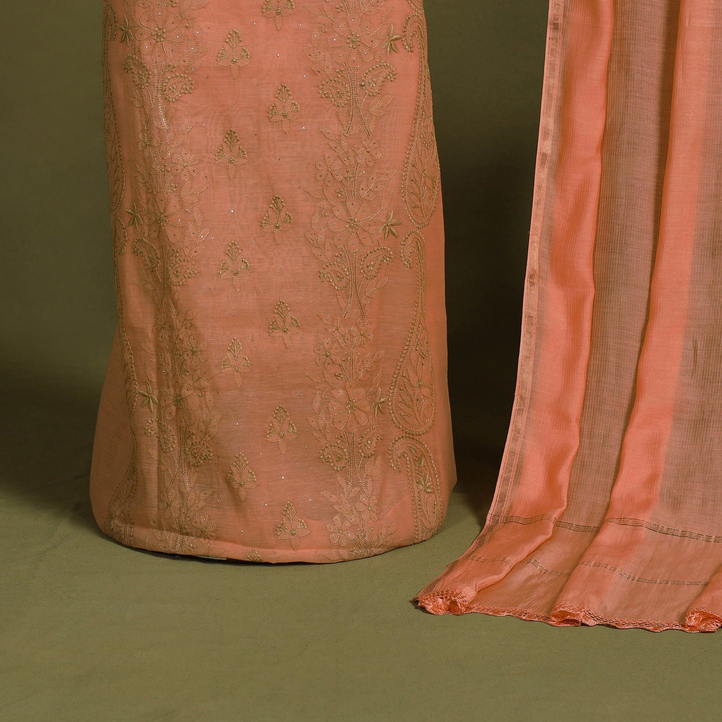 2pc Peach Hand Embroidery Chanderi Silk Chikankari Dress Material