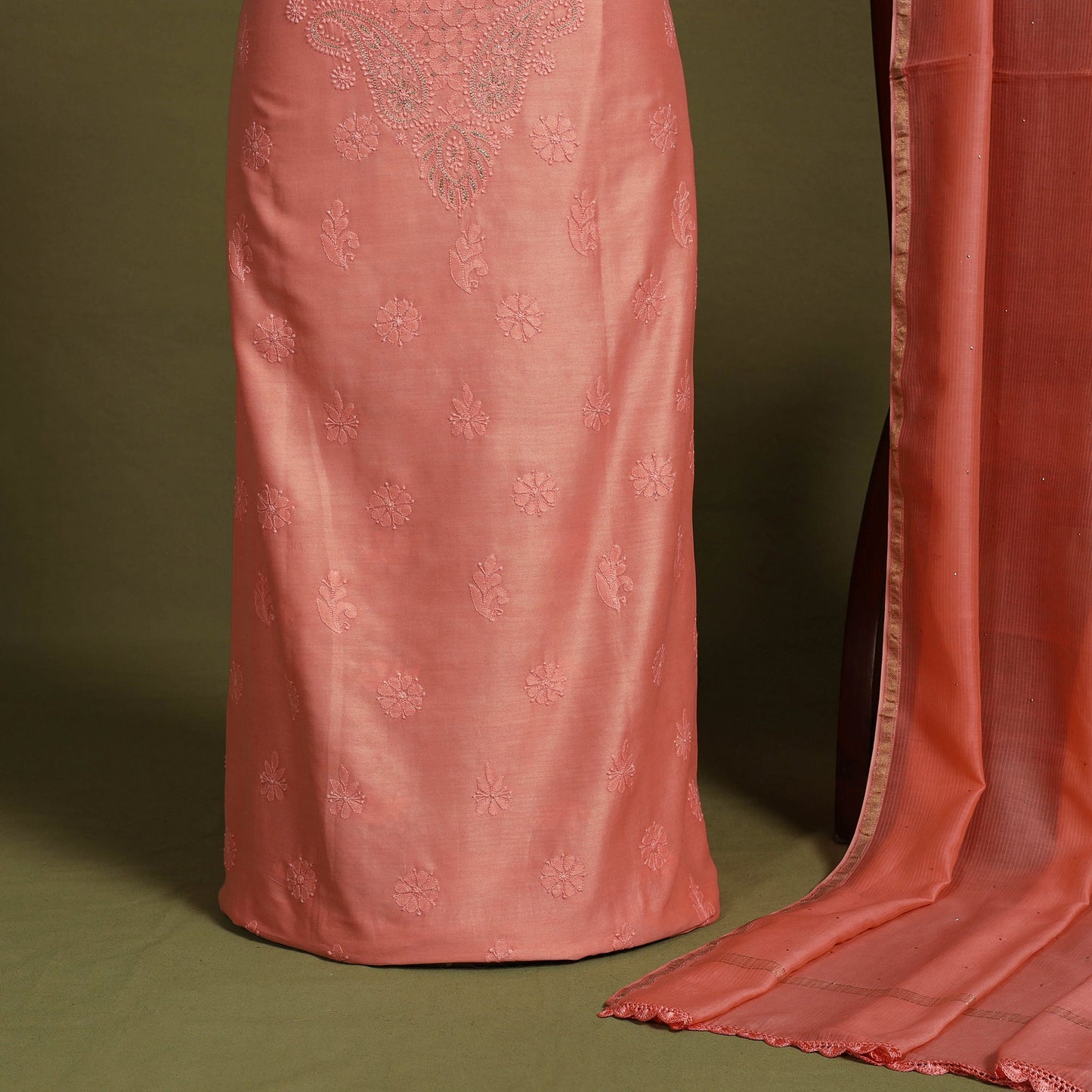 2pc Peach Hand Embroidery Chanderi Silk Chikankari Dress Material