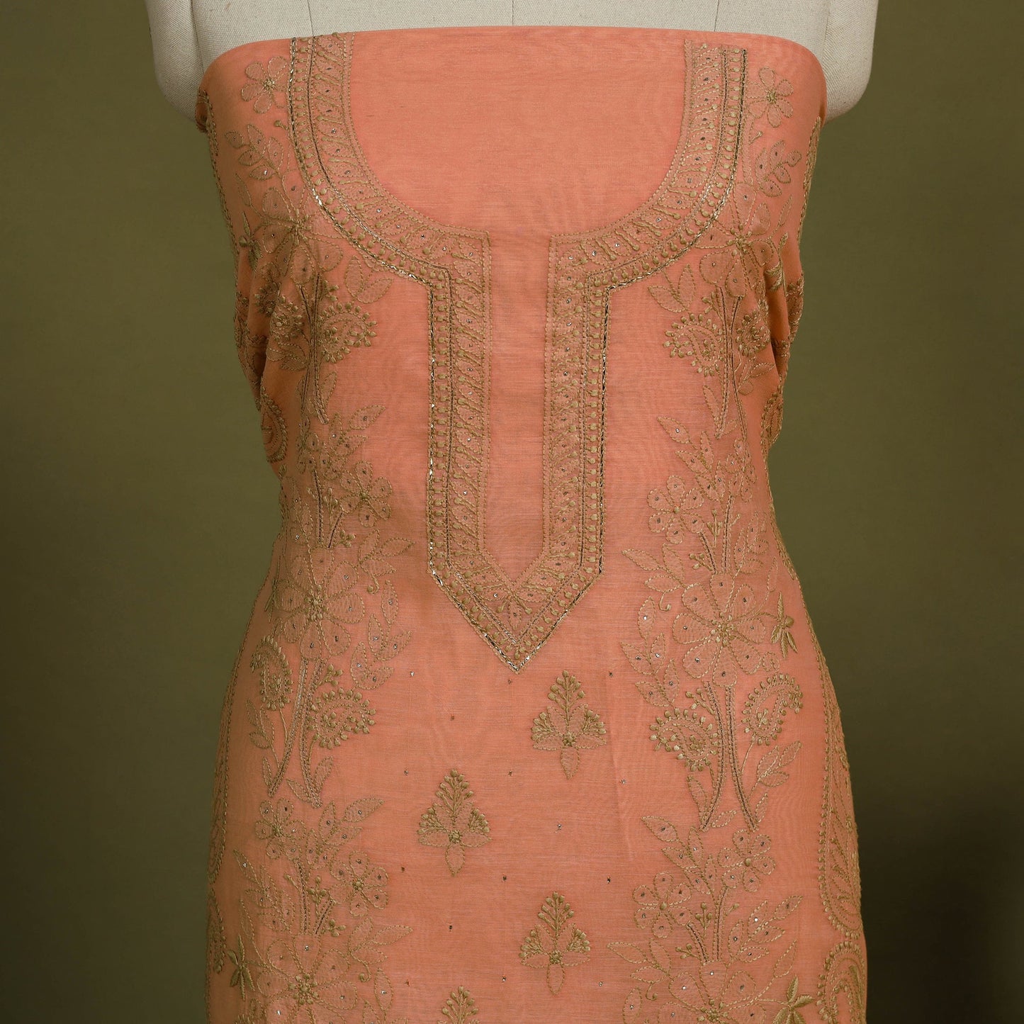 2pc Peach Hand Embroidery Chanderi Silk Chikankari Dress Material