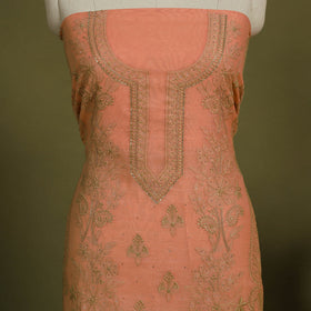 2pc Peach Hand Embroidery Chanderi Silk Chikankari Dress Material