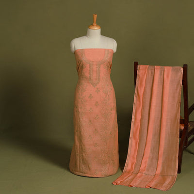 2pc Peach Hand Embroidery Chanderi Silk Chikankari Dress Material