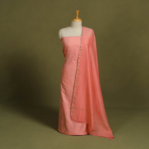 2pc Peach Hand Embroidery Chanderi Silk Chikankari Dress Material