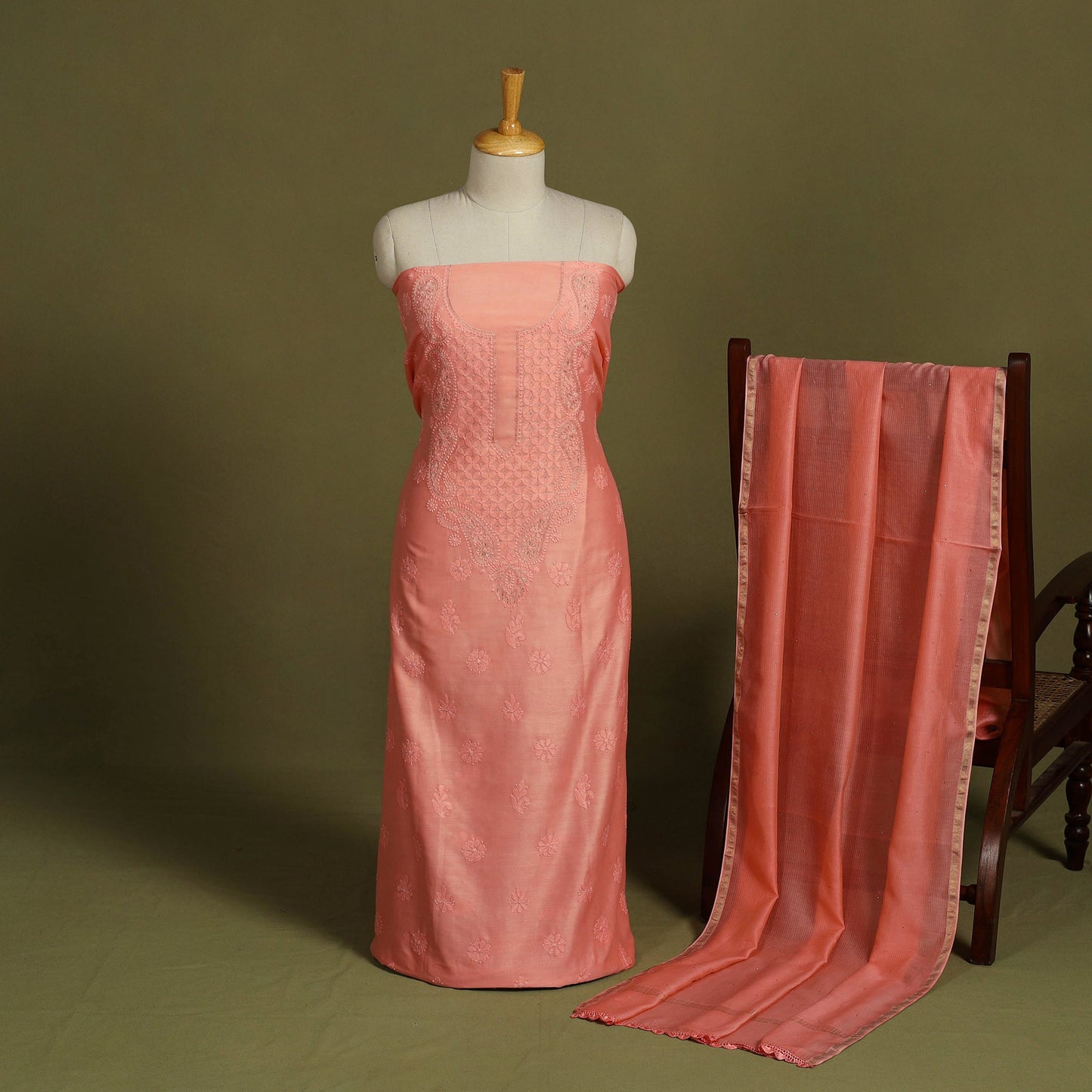 2pc Peach Hand Embroidery Chanderi Silk Chikankari Dress Material