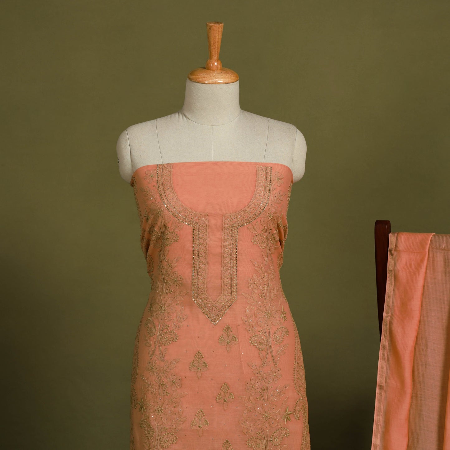 2pc Peach Hand Embroidery Chanderi Silk Chikankari Dress Material