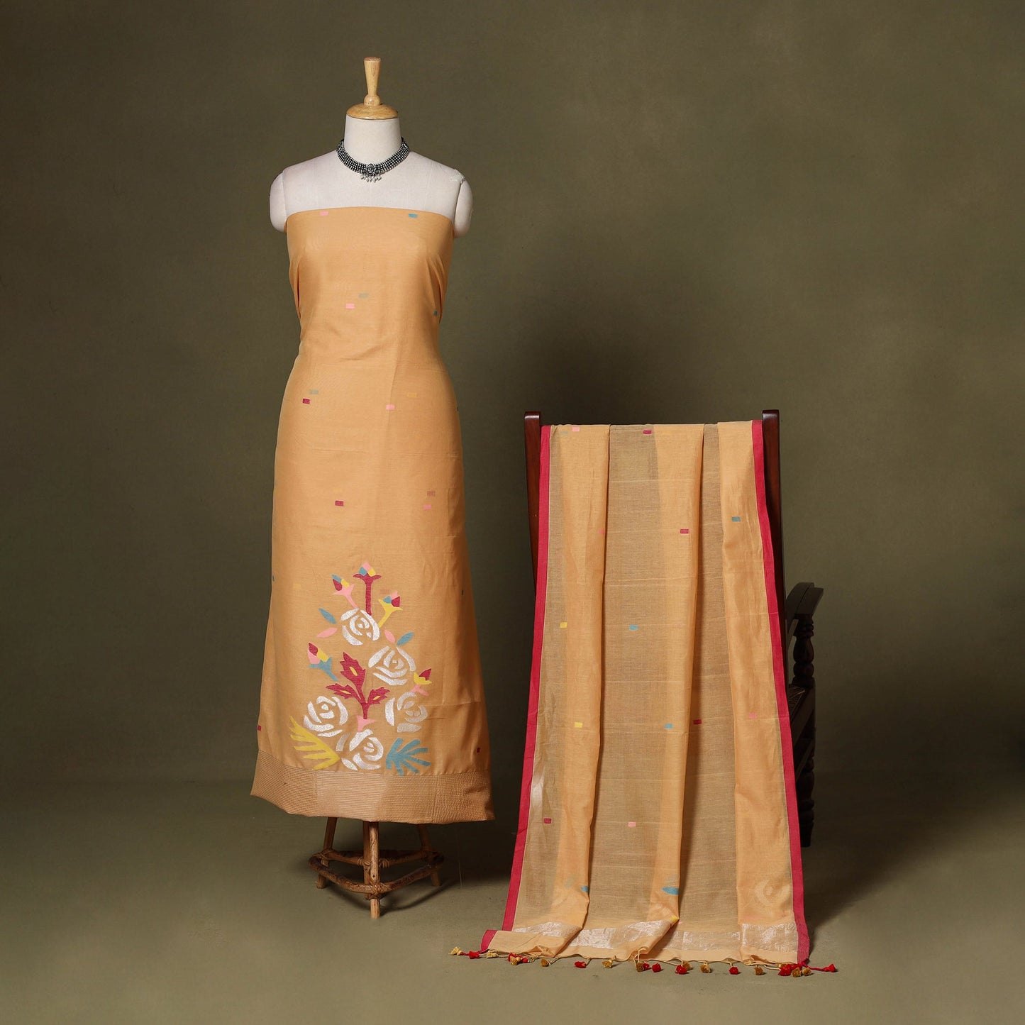 Peach - 2pc handloom cotton unstitched phulia jamdani dress