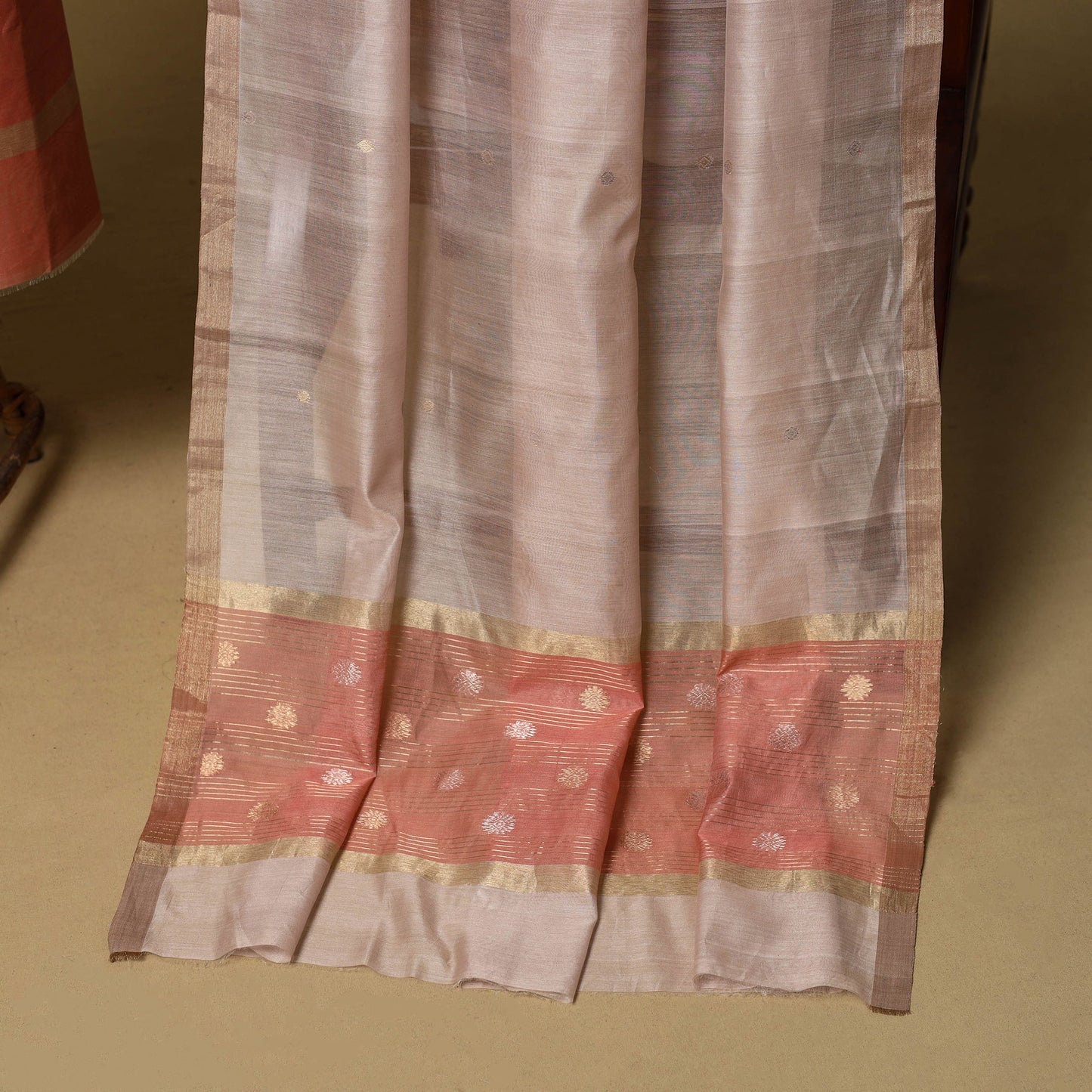 Peach - 2pc handloom zari buti unstitched chanderi silk