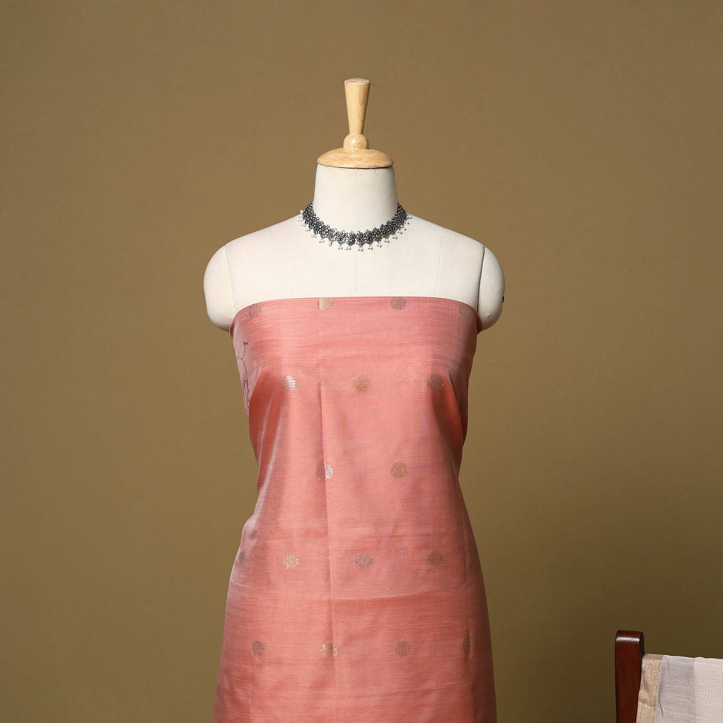 Peach - 2pc handloom zari buti unstitched chanderi silk