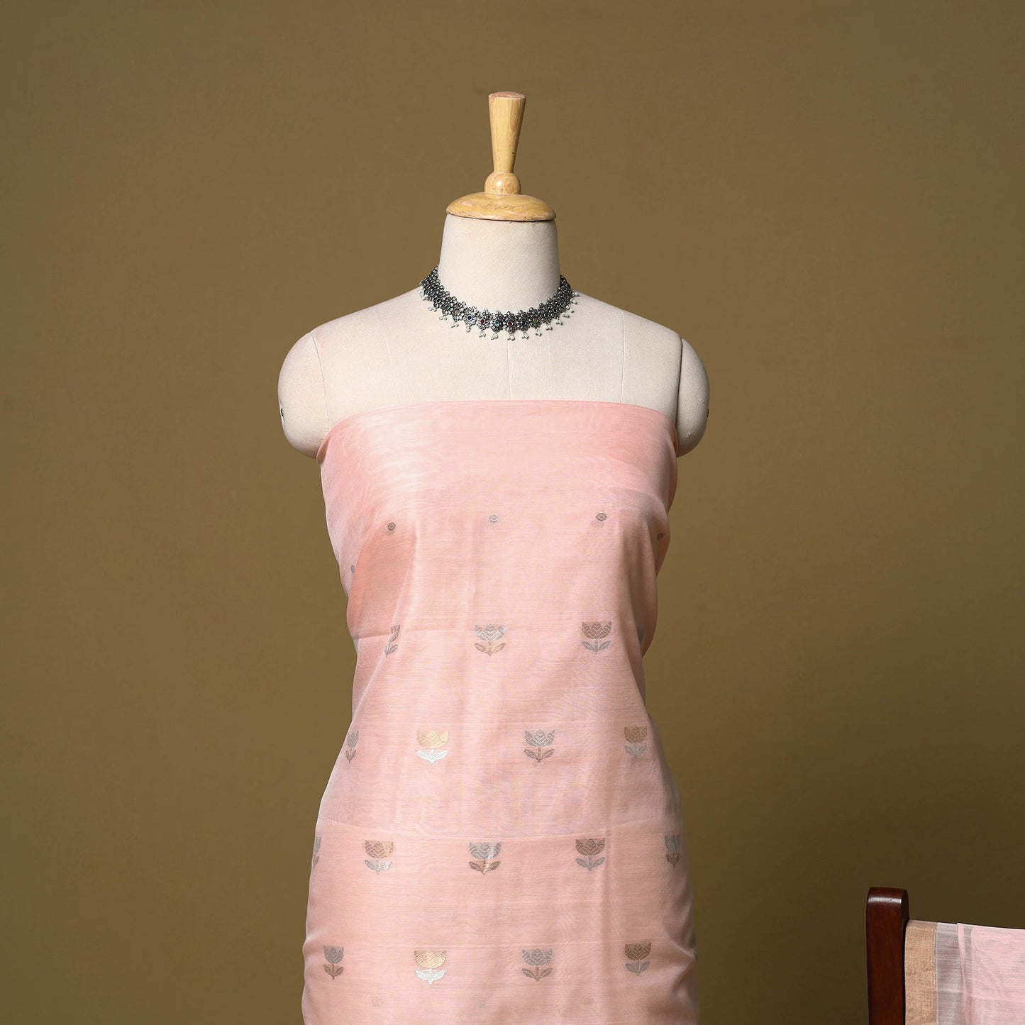 Peach - 2pc handloom zari buti unstitched chanderi silk