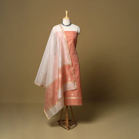 Peach - 2pc handloom zari buti unstitched chanderi silk
