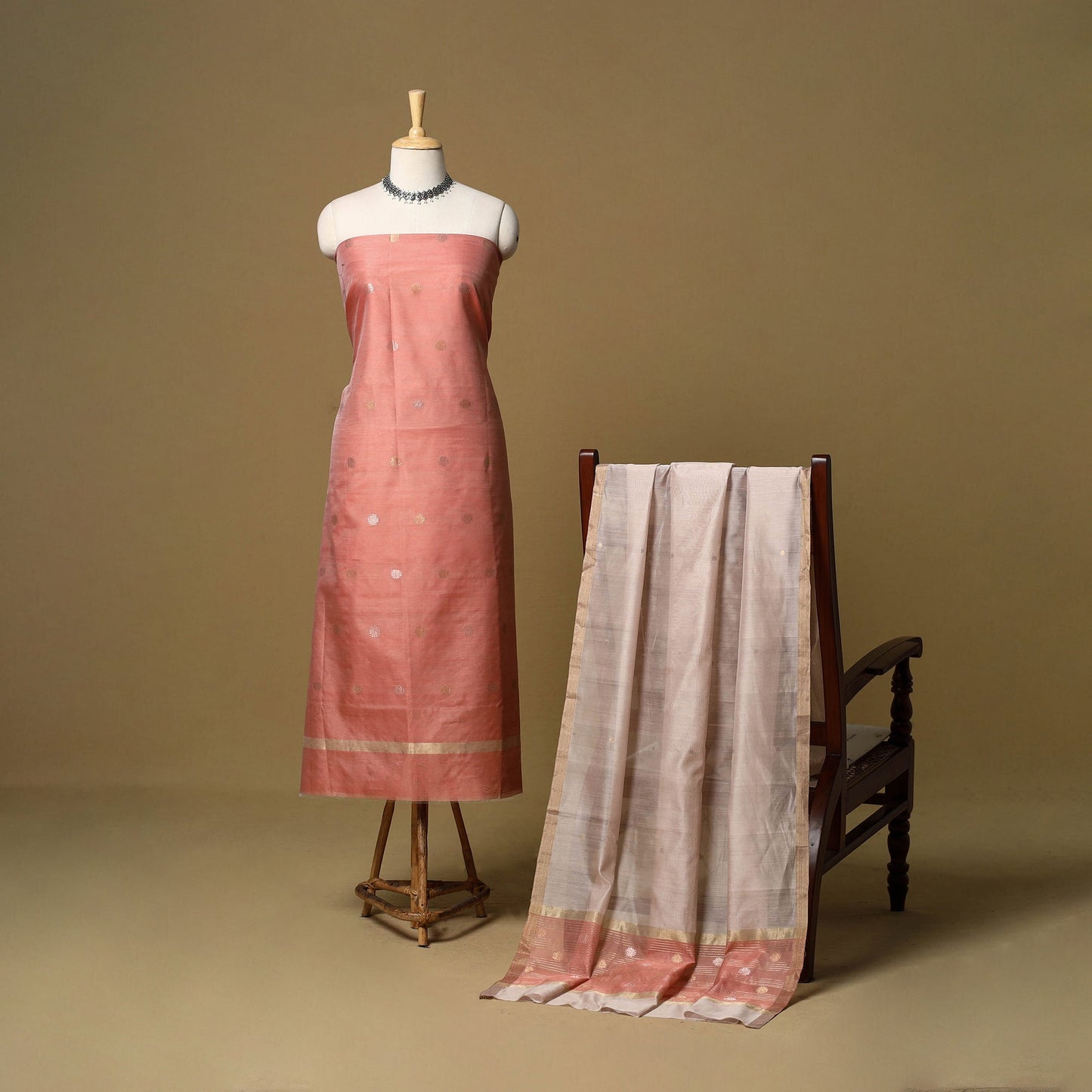 Peach - 2pc handloom zari buti unstitched chanderi silk