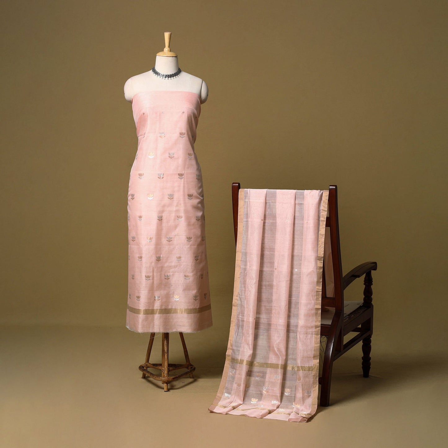 Peach - 2pc handloom zari buti unstitched chanderi silk