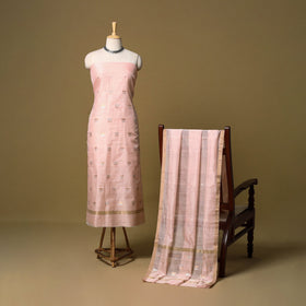 Peach - 2pc handloom zari buti unstitched chanderi silk