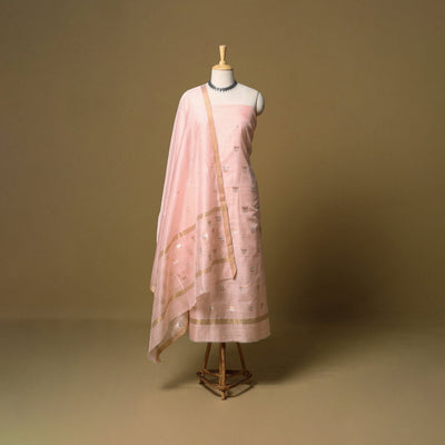 Peach - 2pc handloom zari buti unstitched chanderi silk