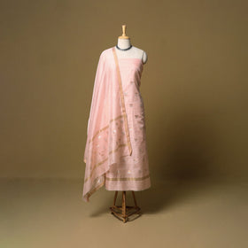 Peach - 2pc handloom zari buti unstitched chanderi silk