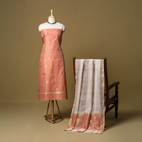 Peach - 2pc handloom zari buti unstitched chanderi silk