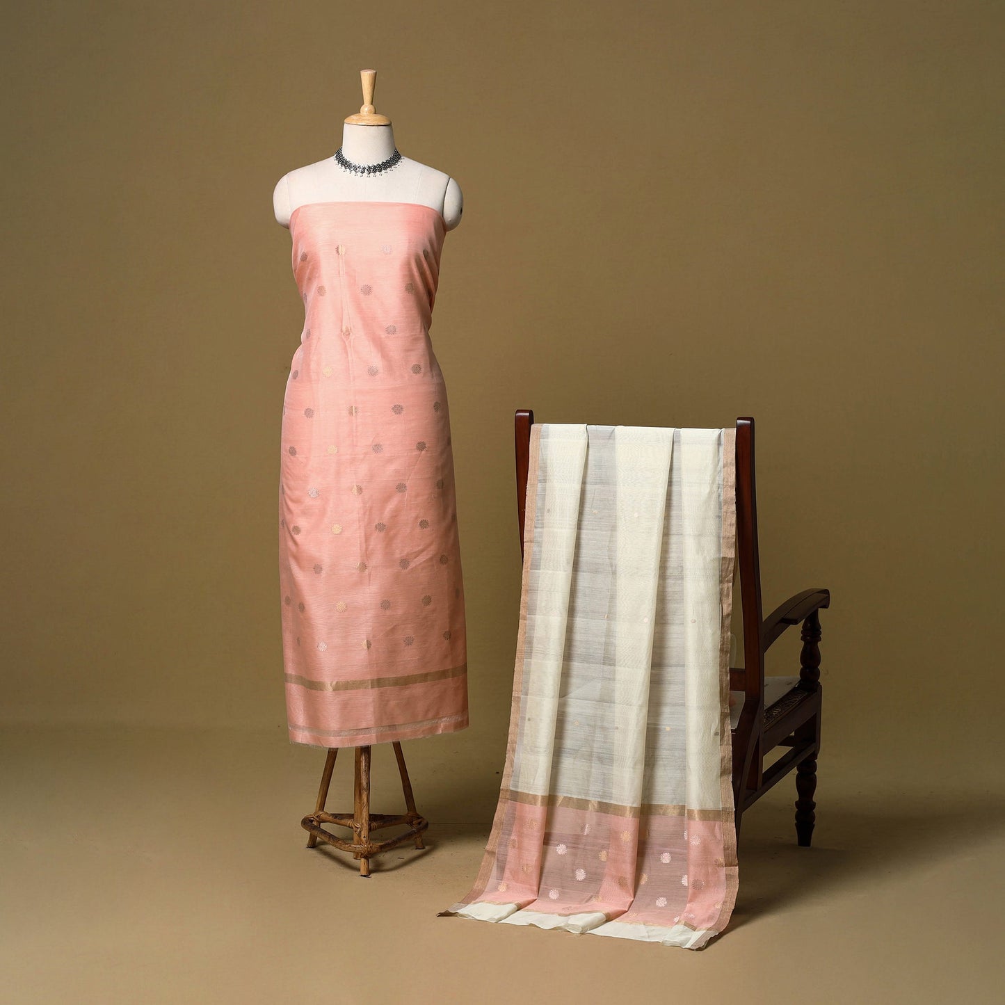 Peach - 2pc handloom zari buti unstitched chanderi silk