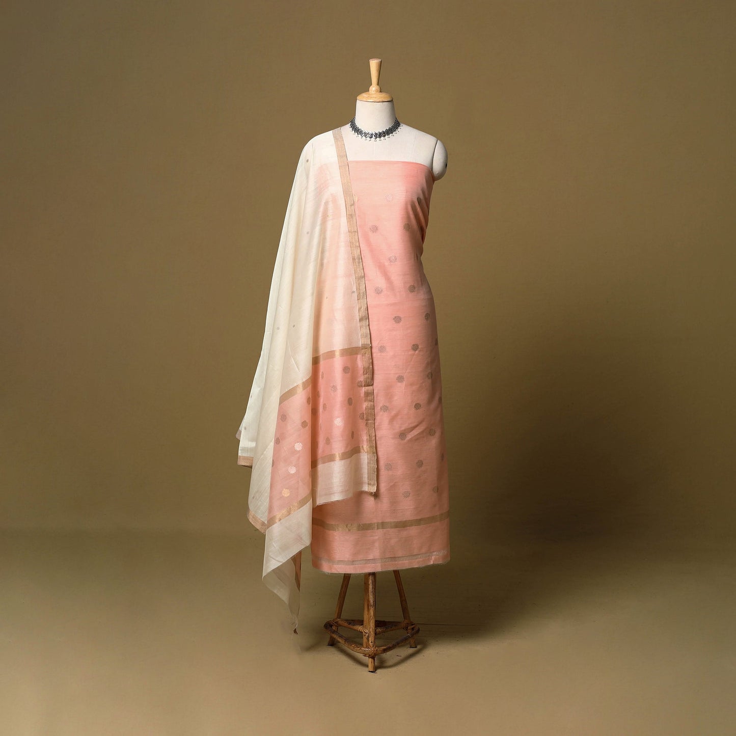 Peach - 2pc handloom zari buti unstitched chanderi silk