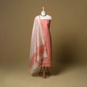 Peach - 2pc handloom zari buti unstitched chanderi silk