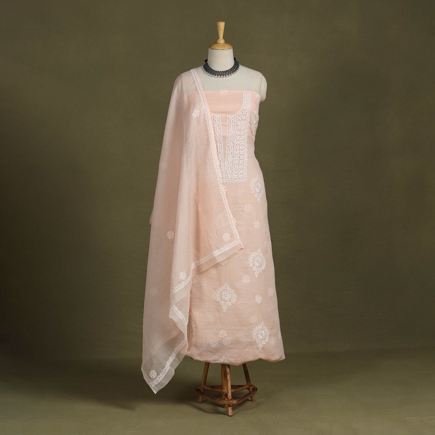 Peach 2pc Kota Doria Cotton Unstitched Chikankari Dress Material