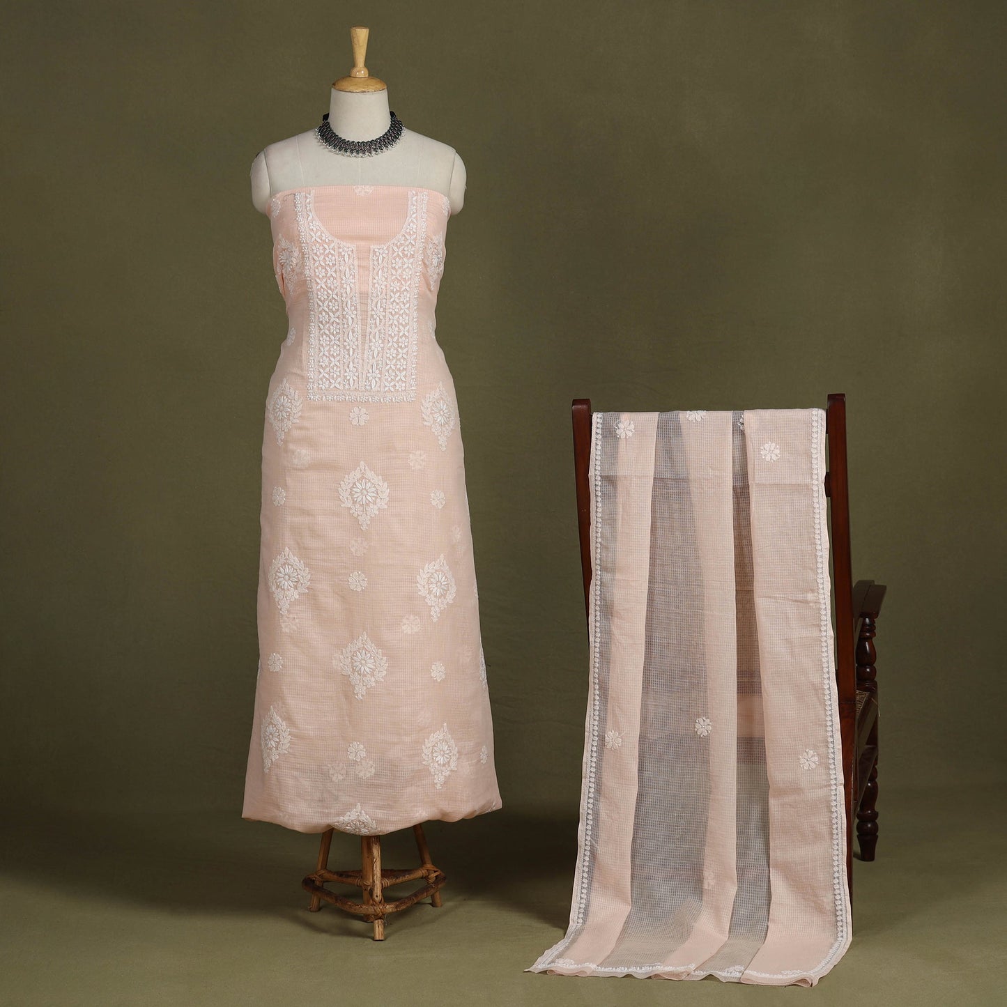Peach 2pc Kota Doria Cotton Unstitched Chikankari Dress Material