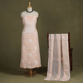 Peach 2pc Kota Doria Cotton Unstitched Chikankari Dress Material