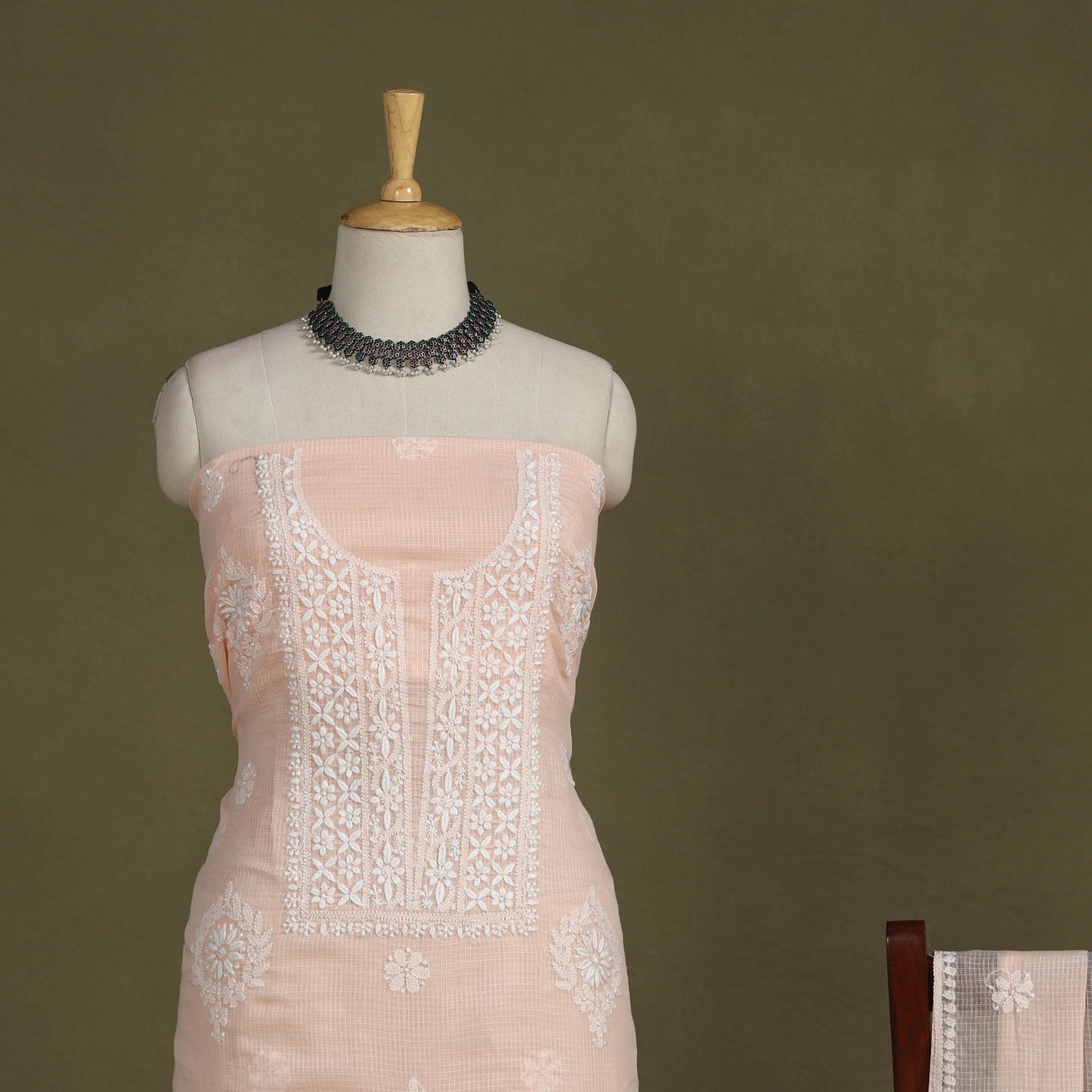 Peach 2pc Kota Doria Cotton Unstitched Chikankari Dress Material