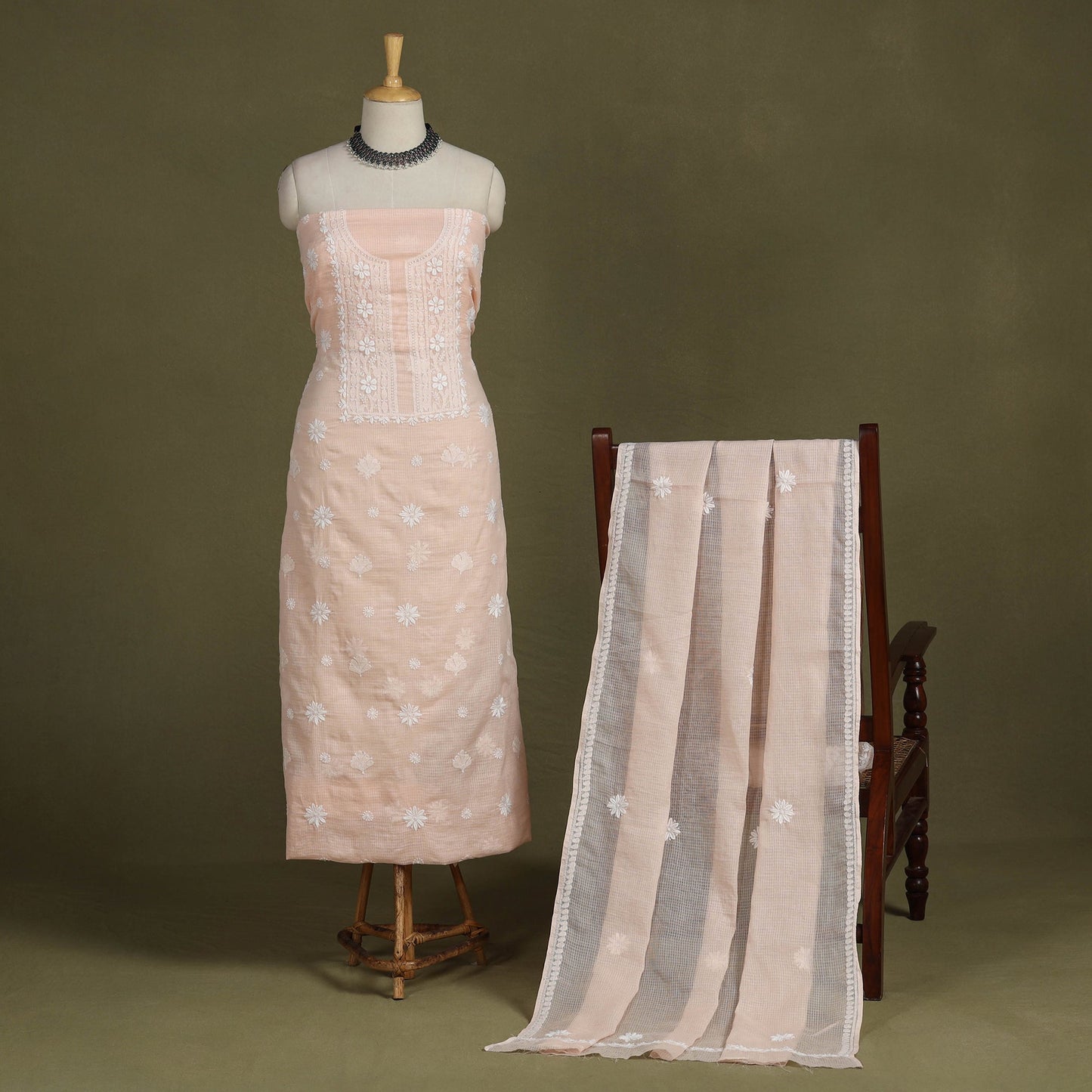 Peach 2pc Kota Doria Cotton Unstitched Chikankari Dress Material