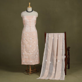 Peach 2pc Kota Doria Cotton Unstitched Chikankari Dress Material