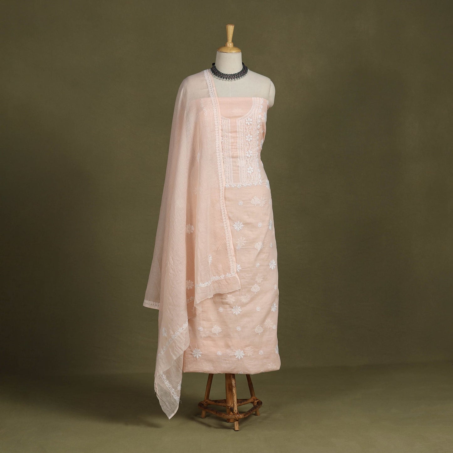 Peach 2pc Kota Doria Cotton Unstitched Chikankari Dress Material
