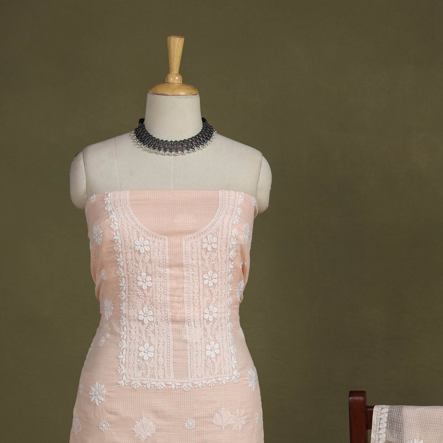 Peach 2pc Kota Doria Cotton Unstitched Chikankari Dress Material