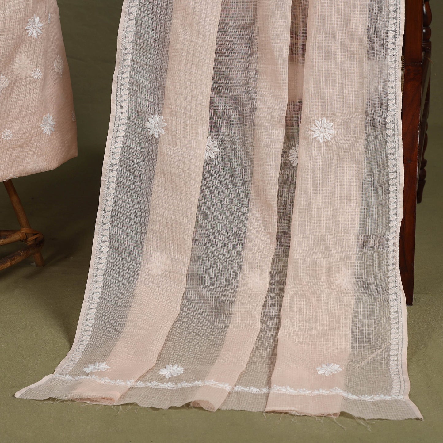 Peach 2pc Kota Doria Cotton Unstitched Chikankari Dress Material