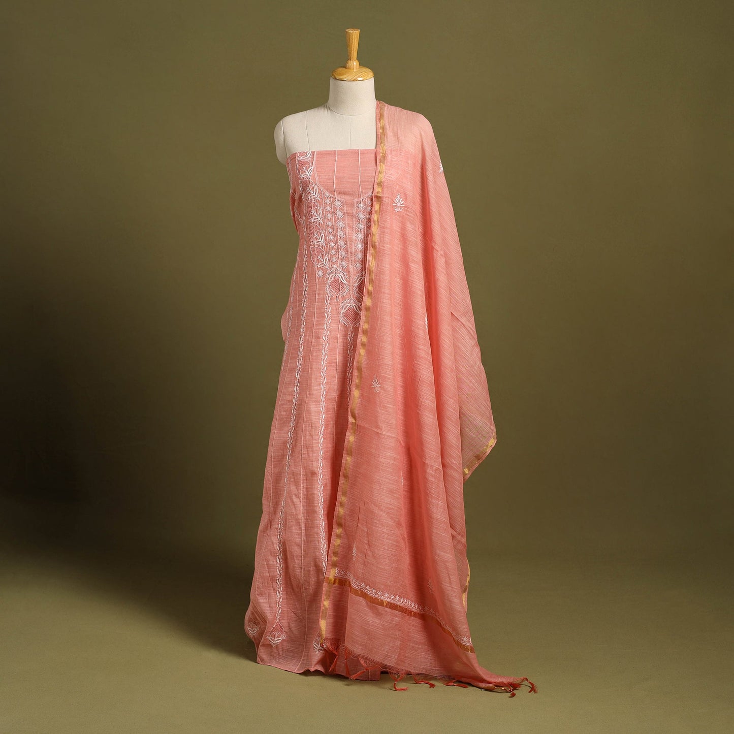 2pc Mul Chanderi Semi Stitched Peach Anarkali Heavy Chikankari Kurta Set