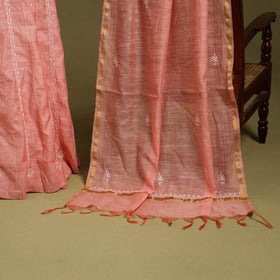 2pc Mul Chanderi Semi Stitched Peach Anarkali Heavy Chikankari Kurta Set