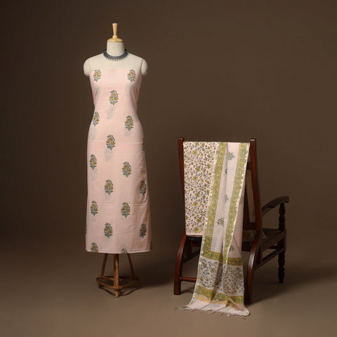 Peach - 3pc cotton hand sanganeri unstitched dress material