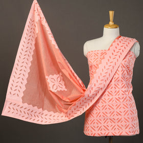 Peach - 3pc cut work cotton barmer applique dress material