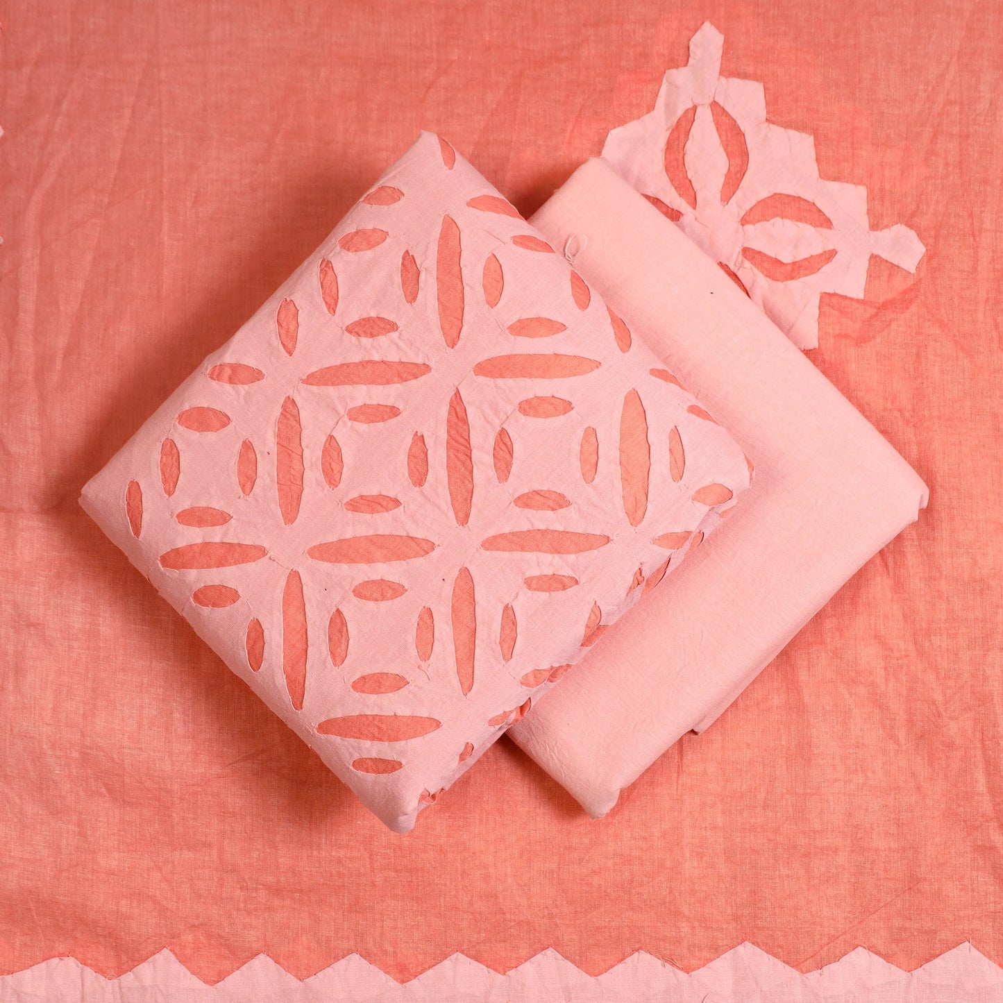 Peach - 3pc cut work cotton barmer applique dress material