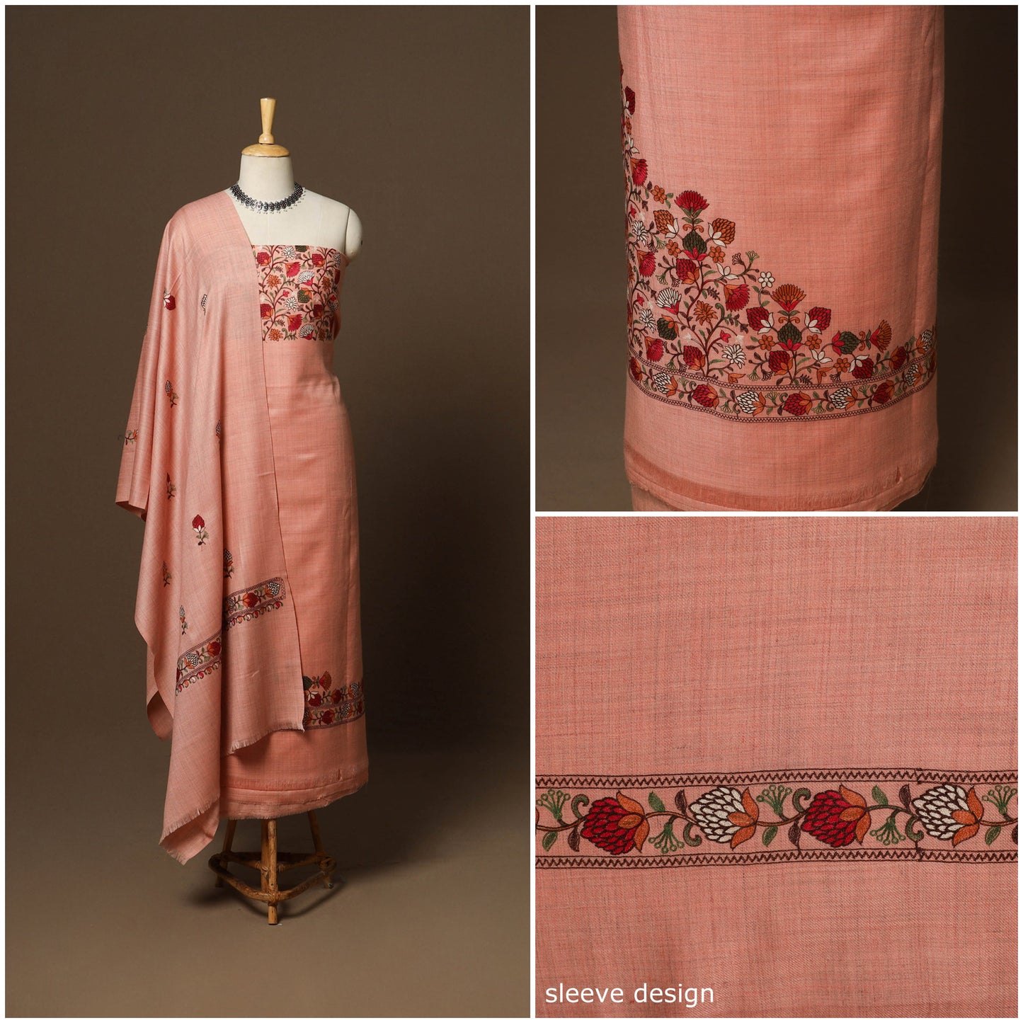 Peach - 3pc hand embroidered work merino wool unstitched