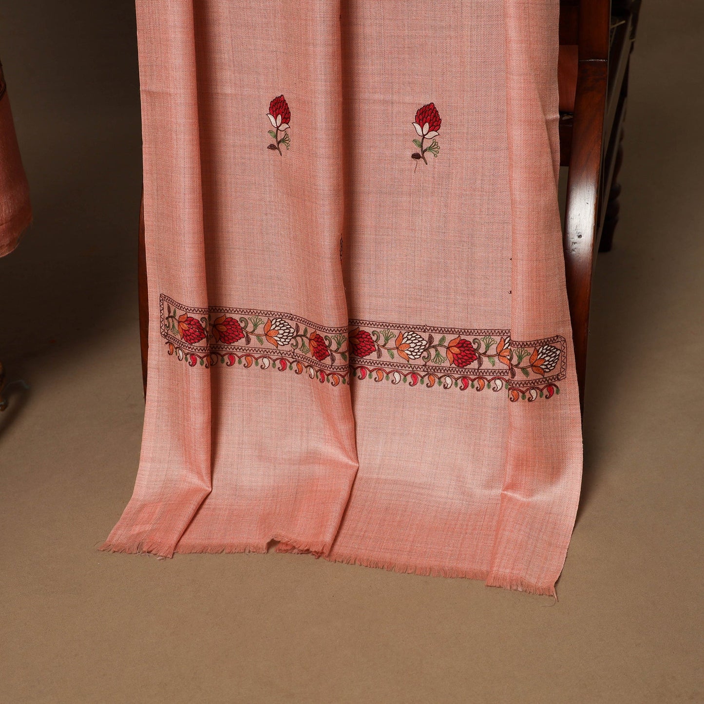 Peach - 3pc hand embroidered work merino wool unstitched