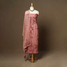 Peach - 3pc hand embroidery chiffon unstitched phulkari