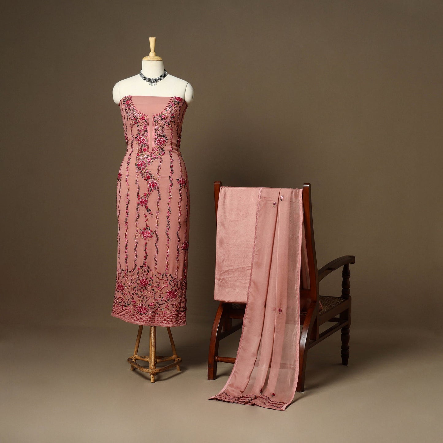 Peach - 3pc hand embroidery chiffon unstitched phulkari