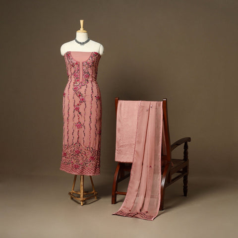 Peach - 3pc hand embroidery chiffon unstitched phulkari