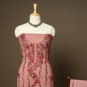 Peach - 3pc hand embroidery chiffon unstitched phulkari