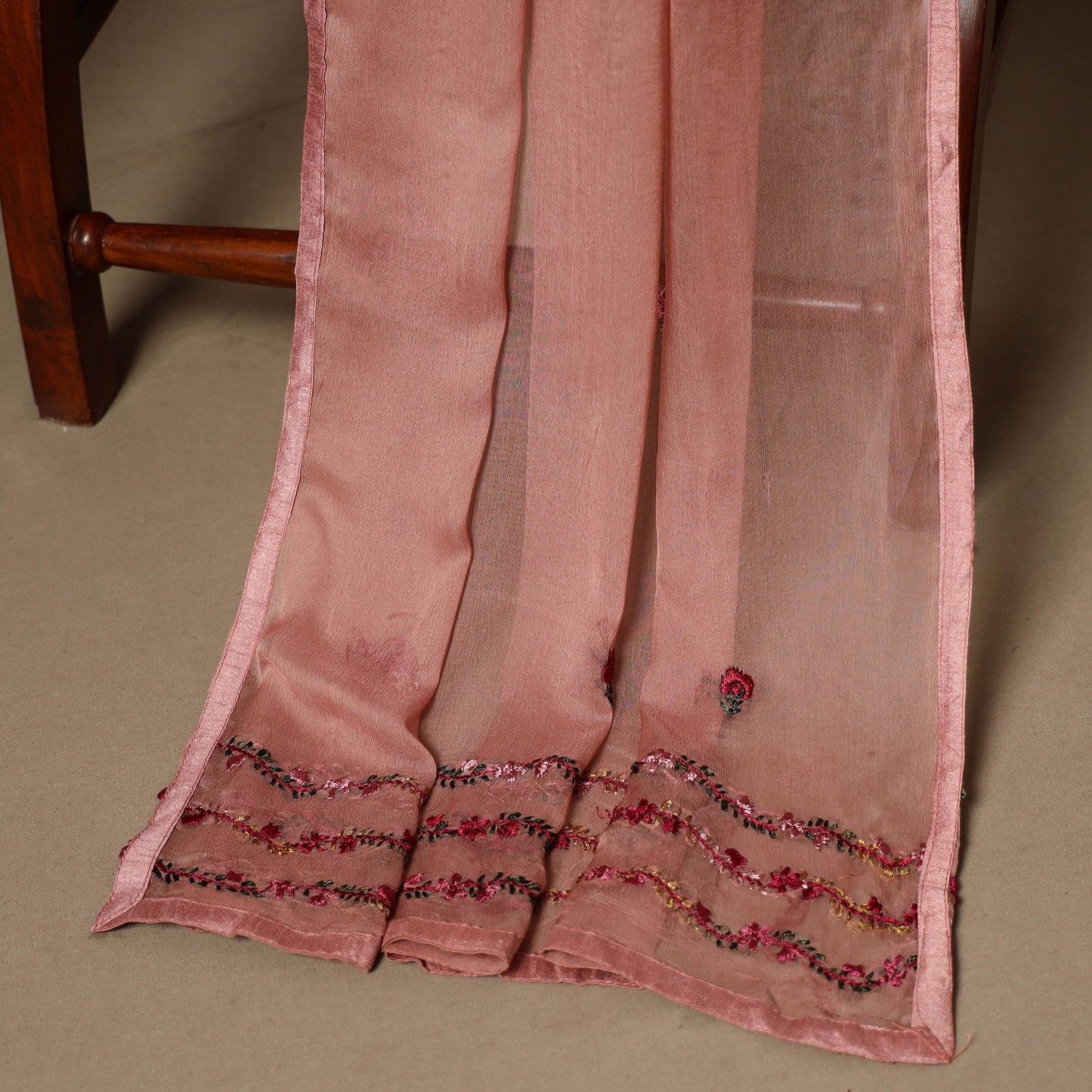 Peach - 3pc hand embroidery chiffon unstitched phulkari