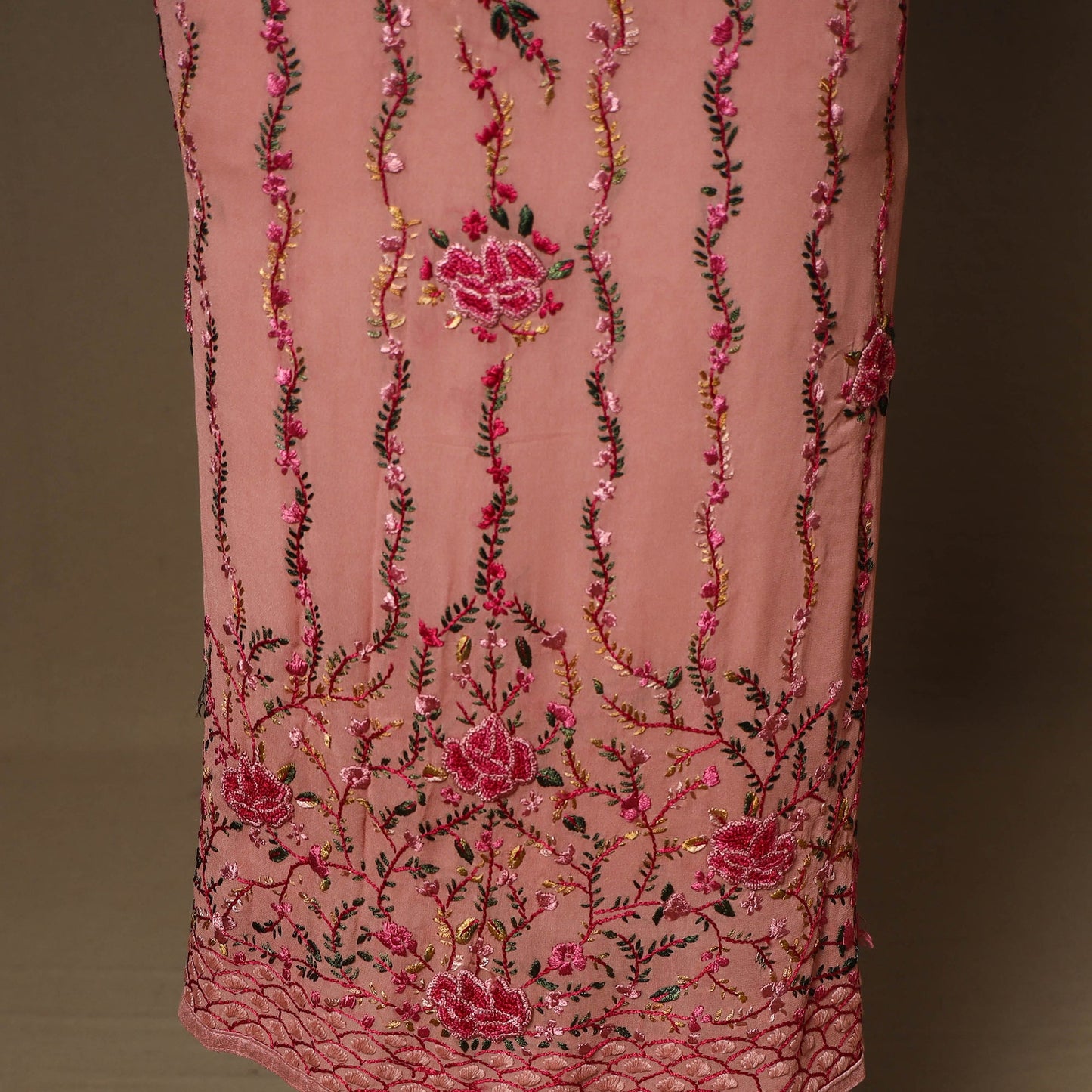 Peach - 3pc hand embroidery chiffon unstitched phulkari