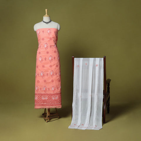 Peach - 3pc hand embroidery cotton lucknow chikankari dress