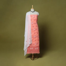 Peach - 3pc hand embroidery cotton lucknow chikankari dress